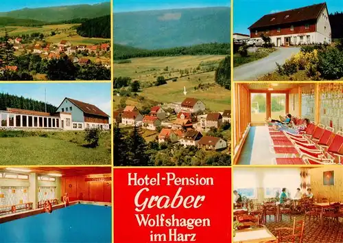 AK / Ansichtskarte  Wolfshagen_Harz Hotel Pension Graber Hallenbad Gastraum Sonnenterrasse Panorama Wolfshagen Harz