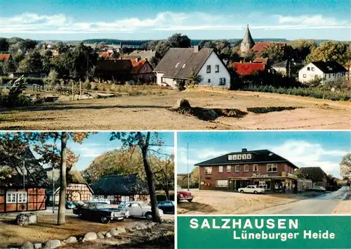 AK / Ansichtskarte 73896511 Salzhausen__Lueneburger_Heide Ortsansicht mit Kirche Ladengeschaeft Landhaeuser 