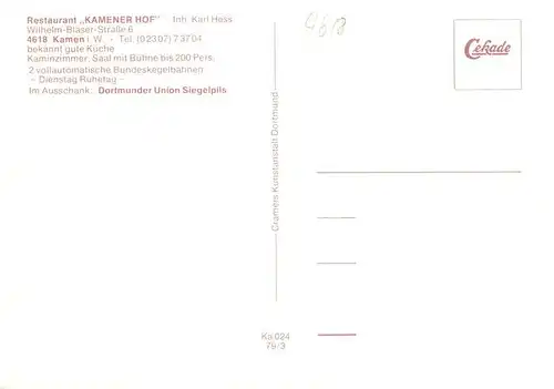 AK / Ansichtskarte  Kamen_Westfalen Kamener Hof Restaurant Kegelbahn Kamen_Westfalen