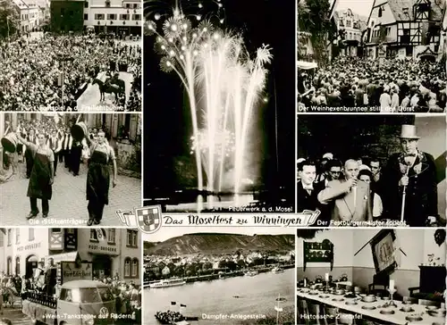 AK / Ansichtskarte  Winningen_Mosel Festspiel Freilichtbuehne Feuerwerk Weinhexenbrunnen Festbuergermeister Stuetzentraeger Wein Tankstelle auf Raedern Dampfer Anlegestelle Historische Zinntafel Winningen Mosel