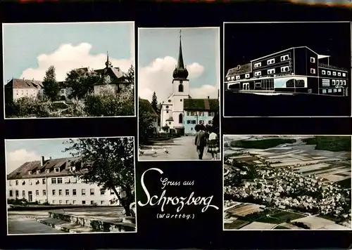 AK / Ansichtskarte  Schrozberg Hotel Restaurant Bauer Teilansichten Kirche Fliegeraufnahme Schrozberg