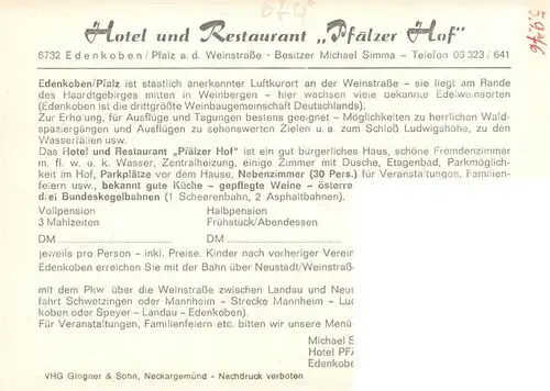 AK / Ansichtskarte  Edenkoben Hotel Restaurant Pfaelzer Hof Gastraum Kegelbahn Edenkoben