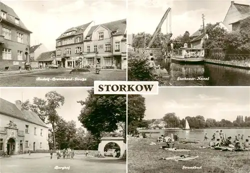 AK / Ansichtskarte  Storkow_Mark Rudolf Breitscheid Strasse Storkower Kanal Burghof Strandbad Storkow Mark