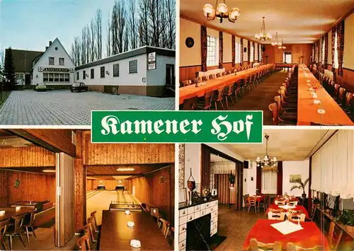 AK / Ansichtskarte 73897092 Kamen_Westfalen Restaurant Kamener Hof Gastraeume Kegelbahn Saal mit Buehne Kamen_Westfalen