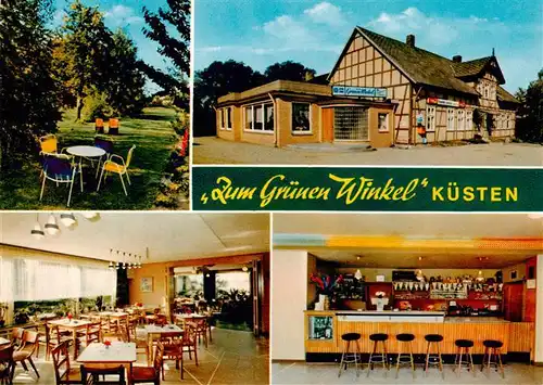 AK / Ansichtskarte 73897513 Kuesten Gasthaus Zum Gruenen Winkel Garten Gastraum Bar Kuesten