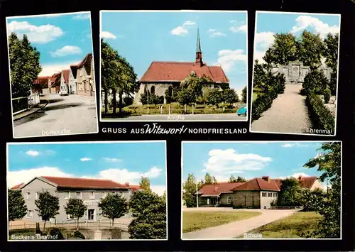AK / Ansichtskarte 73897649 Witzwort_Adolfskoog Dorfstrasse Kirche Ehrenmal Beckers Gasthof Schule 