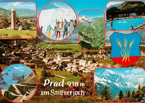 AK / Ansichtskarte 73898028 Prad_Stilfserjoch_Passo_Stelvio_IT Kirche Serpentinen Skipiste Schwimmbad Panorama 