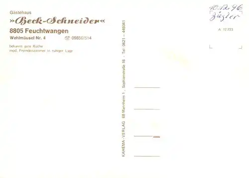 AK / Ansichtskarte 73898353 Feuchtwangen Gaestehaus Beck Schneider Gastraeume Speisesaal Feuchtwangen