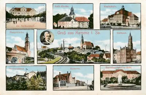 AK / Ansichtskarte 73898711 Kamenz_Sachsen Ev Volksschule Kath Kirche Realschule Hauptkirche Panorama Rathaus Hutberghaus Kaserne Barmherzigkeits Stift Kamenz Sachsen