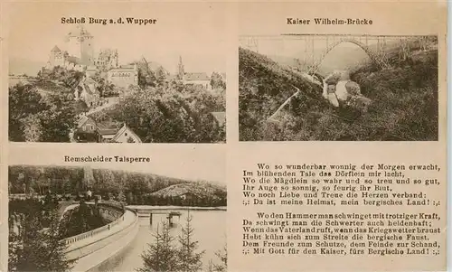 AK / Ansichtskarte  Remscheid Schloss Burg Wupper Kaiser Wilhelm Bruecke Remscheider Talsperre Remscheid