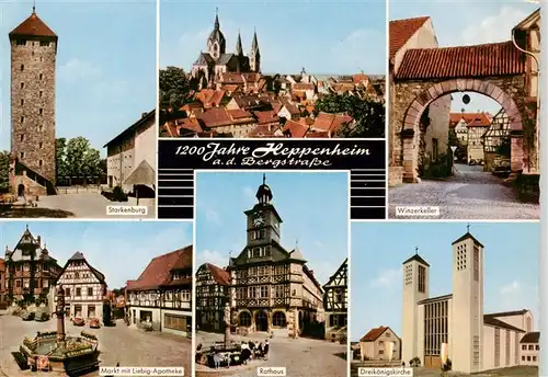 AK / Ansichtskarte  Heppenheim_Bergstrasse Starkenburg Kirche Winzerkeller Markt mit Liebig Apotheke Rathaus Dreikoenigskirche Heppenheim_Bergstrasse