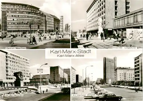 AK / Ansichtskarte  Karl-Marx-Stadt Karl-Marx-Allee Centrum Warenhaus Ensemble Lobgedichte Karl-Marx-Monument Interhotel Kongress Karl-Marx-Stadt