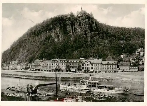 AK / Ansichtskarte  Bodenbach__Elbe-Tetschen_Boehmen_Ustecky_Kraj_CZ Blick ueber die Elbe zur Schaeferwand Elbsandsteingebirge Fahrgastschiff 