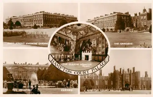 AK / Ansichtskarte 73899347 Hampton__London_UK East Front showing Gardens The Gardens The Fountain The Queens Drawing Room Hampton Court Palace 