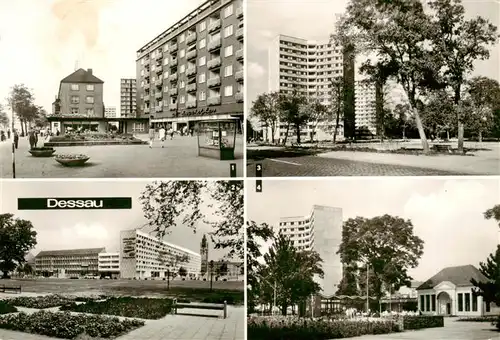 AK / Ansichtskarte 73899989 Dessau-Rosslau Wilhelm Pieck Strasse Wohnblock Scheibe Nord Hochhaeuser am Stadtpark Teehaeuschen im Stadtpark HO Gaststaette und Intim Bar Dessau-Rosslau