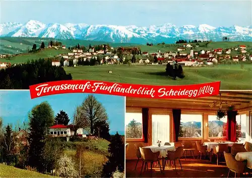 AK / Ansichtskarte 73900182 Scheidegg_Allgaeu Panorama Terrassencafe Fuenflaenderblick Gaststube Scheidegg Allgaeu