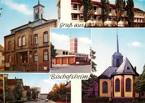 AK / Ansichtskarte  Bischofsheim_Ruesselsheim Rathaus Schule Kirche Strassenpartie Bischofsheim Ruesselsheim