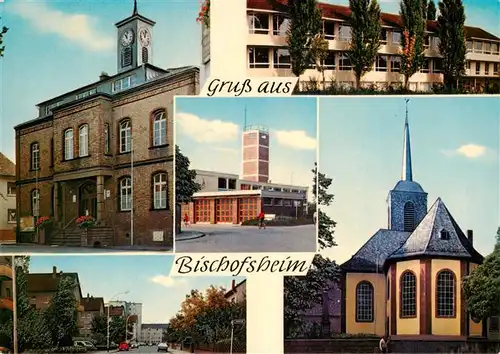 AK / Ansichtskarte 73900577 Bischofsheim_Ruesselsheim Rathaus Schule Kirche Strassenpartie Bischofsheim Ruesselsheim