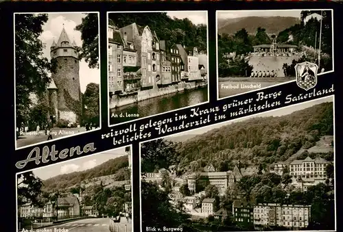 AK / Ansichtskarte  Altena_Lenne Burg Altena Pulverturm Lennepartie Freibad Linscheid Grosse Bruecke Blick vom Burgweg Altena_Lenne