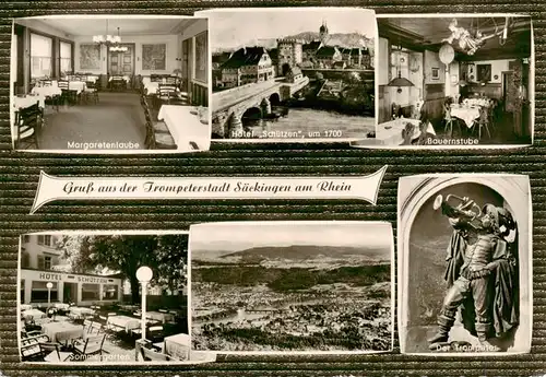 AK / Ansichtskarte  Saeckingen_Bad Margaretenlaube Hotel Schuetzen um 1700 Bauernstube Sommergarten Panorama Statue Der Trompeter Saeckingen_Bad