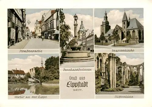 AK / Ansichtskarte 73900841 Lippstadt Strassenpartie Bernhardsbrunnen Marienkirche Motiv an der Lippe Stiftsruine Lippstadt