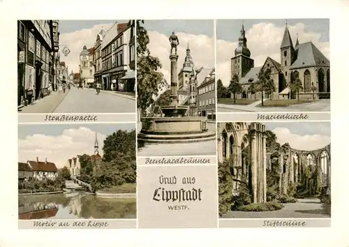 AK / Ansichtskarte  Lippstadt Strassenpartie Bernhardsbrunnen Marienkirche Motiv an der Lippe Stiftsruine Lippstadt