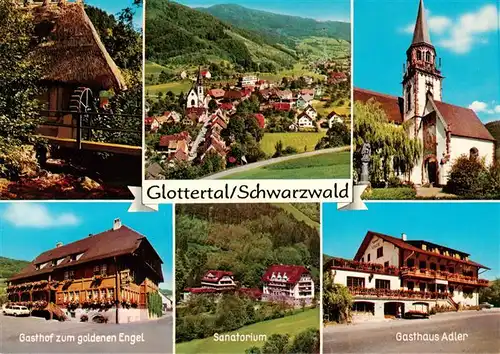 AK / Ansichtskarte 73901047 Glottertal_Schwarzwald Muehlrad Panorama Kirche Gasthof zum goldenen Engel Sanatorium Gasthaus Adler 