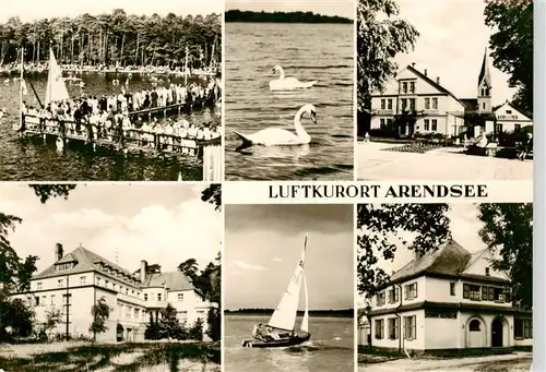 AK / Ansichtskarte  Arendsee_Altmark Seebruecke Schwaene Kirche Gasthaeuser Segelboot Arendsee Altmark