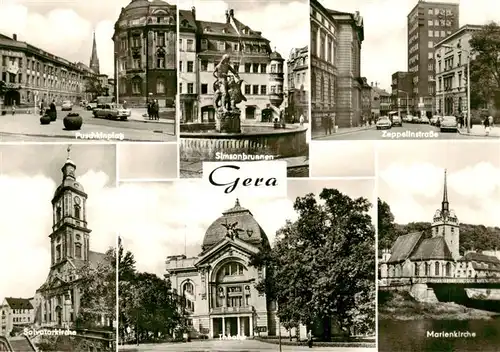 AK / Ansichtskarte  Gera Puschkinplatz Simsonbrunnen Zeppelinstrasse Salvatorkirche Theater Marienkirche Gera