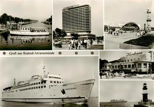 AK / Ansichtskarte  Warnemuende_Ostseebad Am Alten Strom Hotel Neptun Gaststaette Teepott und Leuchtturm Kurhaus Faehrschiff an der Molenspitze Faehrschiff Warnemuende Warnemuende_Ostseebad