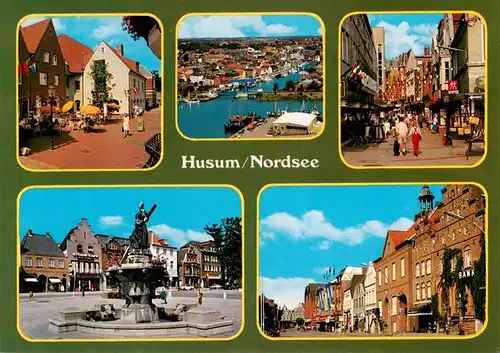 AK / Ansichtskarte 73901429 Husum__Nordfriesland Teilansichten Fussgaengerzone Luftaufnahme Marktplatz Brunnen Tine Statue 