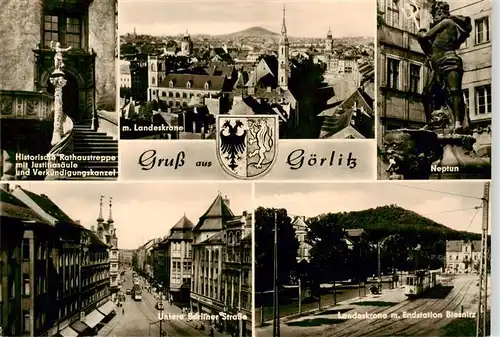 AK / Ansichtskarte  Goerlitz__Sachsen Historische Rathaustreppe Justitiasaeule Kanzel Panorama mit Landeskrone Neptun Brunnen Zentrum Strassenbahn Endstation Biesnitz 