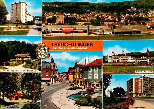 AK / Ansichtskarte 73901555 Treuchtlingen Panorama Hochhaus Waldlehrpfad Sportzentrum Schutzhuette Stadteinfahrt Treuchtlingen