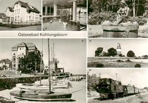 AK / Ansichtskarte  Kuehlungsborn_Ostseebad Haus der Jugend FDGB Meerwasserschwimmhalle Im Konzertgarten Ost Bootsliegestelle Leuchtturm Buk Molli auf dem Bahnhof Kuehlungsborn Ost Kuehlungsborn_Ostseebad