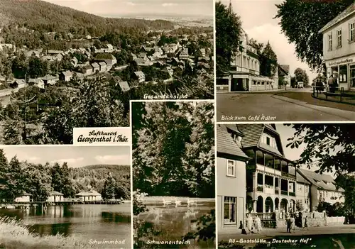 AK / Ansichtskarte  Georgenthal_Gotha Panorama Luftkurort Café Adler HO-Gaststaette Deutscher Hof Schwanenteich Schwimmbad Georgenthal Gotha