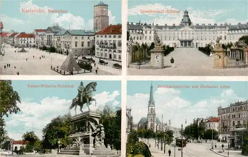 AK / Ansichtskarte  Karlsruhe_Baden Marktplatz Grossherzogl Schloss Kaiser Wilhelm Denkmal Bernharduskirche mit Durlacher Allee Karlsruhe_Baden