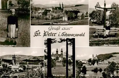 AK / Ansichtskarte  St_Peter_Schwarzwald Trachtenmaedchen Panorama mit Kirche und Feldberg Beim Wegweiser Kandelblick KIrche Strandbad St_Peter_Schwarzwald