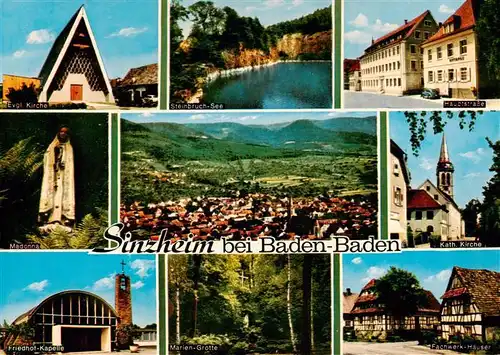AK / Ansichtskarte  Sinzheim Ev Kirche Steinbruch See Madonne Panorama Kath Kirche Friedhof Kapelle Mariengrotte Fachwerkhaeuser Sinzheim