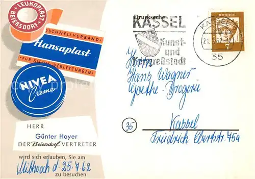 AK / Ansichtskarte 73902765 Werbung_Reklame Guenter Hoyer Beirsdorf Nivea Creme Hansaplast Leukoplast 