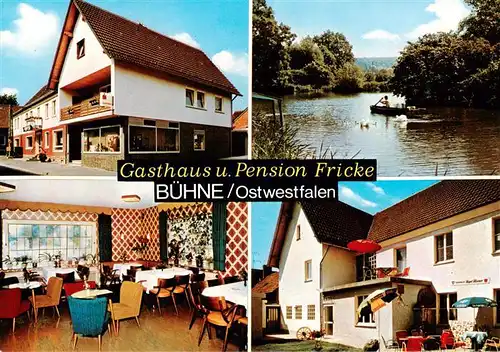 AK / Ansichtskarte 73902889 Buehne_Westfalen Gasthaus Pension Fricke Gastraum Terrasse Gondelteich Buehne_Westfalen