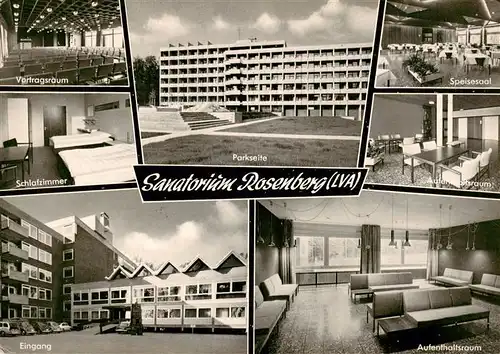 AK / Ansichtskarte  Bad_Driburg Sanatorium Rosenberg Vortragsraum Schlafzimmer Eingang Parkseite Speisesaal Aufenthaltsraeume Bad_Driburg