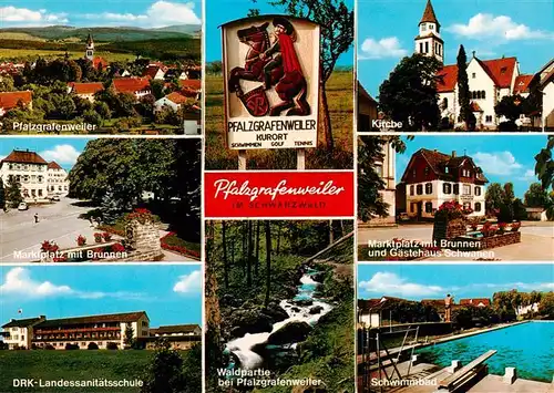 AK / Ansichtskarte  Pfalzgrafenweiler Ortsansicht Kirche Marktplatz Brunnen Gaestehaus Schwanen DRK Landessanitaetsshule Waldpartie Schwimmbad Pfalzgrafenweiler