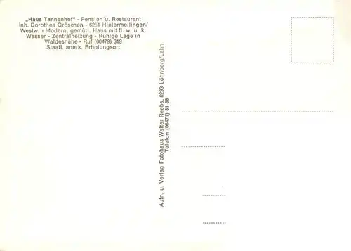 AK / Ansichtskarte  Hintermeilingen_Waldbrunn Haus Tannenhof Restaurant Gastraeume Panorama 