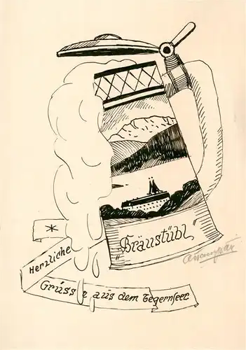 AK / Ansichtskarte  Tegernsee Braeustuebl Zeichnung Tegernsee
