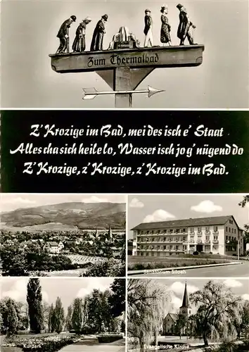 AK / Ansichtskarte 73903445 Bad_Krozingen Wegweiser Zum Thermalbad Panorama mit Schauinsland Sanatorium Siloah Kurpark Ev Kirche Bad_Krozingen