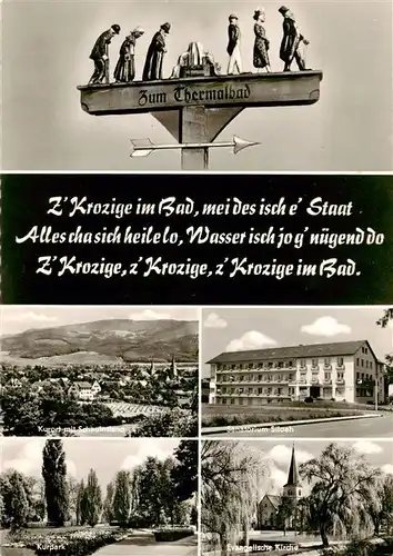 AK / Ansichtskarte  Bad_Krozingen Wegweiser Zum Thermalbad Panorama mit Schauinsland Sanatorium Siloah Kurpark Ev Kirche Bad_Krozingen