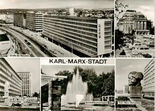 AK / Ansichtskarte  Karl-Marx-Stadt Strasse der Nationen Theaterplatz mit Opernhaus Ensemble Lobgedichte Schlossteichanlagen Karl Marx Monument Karl-Marx-Stadt