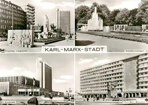 AK / Ansichtskarte 73903485 Karl-Marx-Stadt Ensemble Lobgedichte Schlossteichanlagen Stadthalle Karl marx Monument Karl-Marx-Stadt