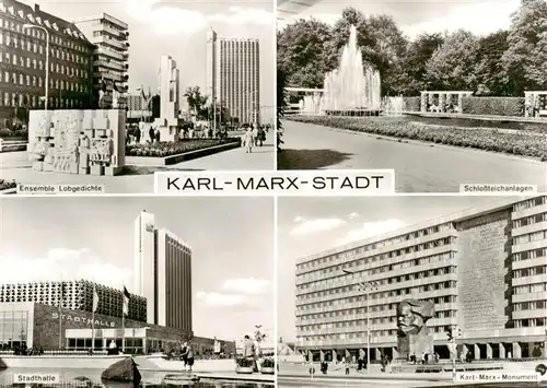 AK / Ansichtskarte  Karl-Marx-Stadt Ensemble Lobgedichte Schlossteichanlagen Stadthalle Karl marx Monument Karl-Marx-Stadt