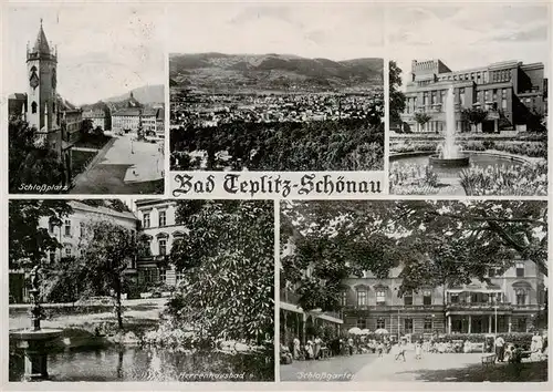 AK / Ansichtskarte 73903627 Bad_Teplitz-Schoenau_Teplice_CZ Schlossplatz Panorama Stadttheater Herrenhausbad Schlossgarten